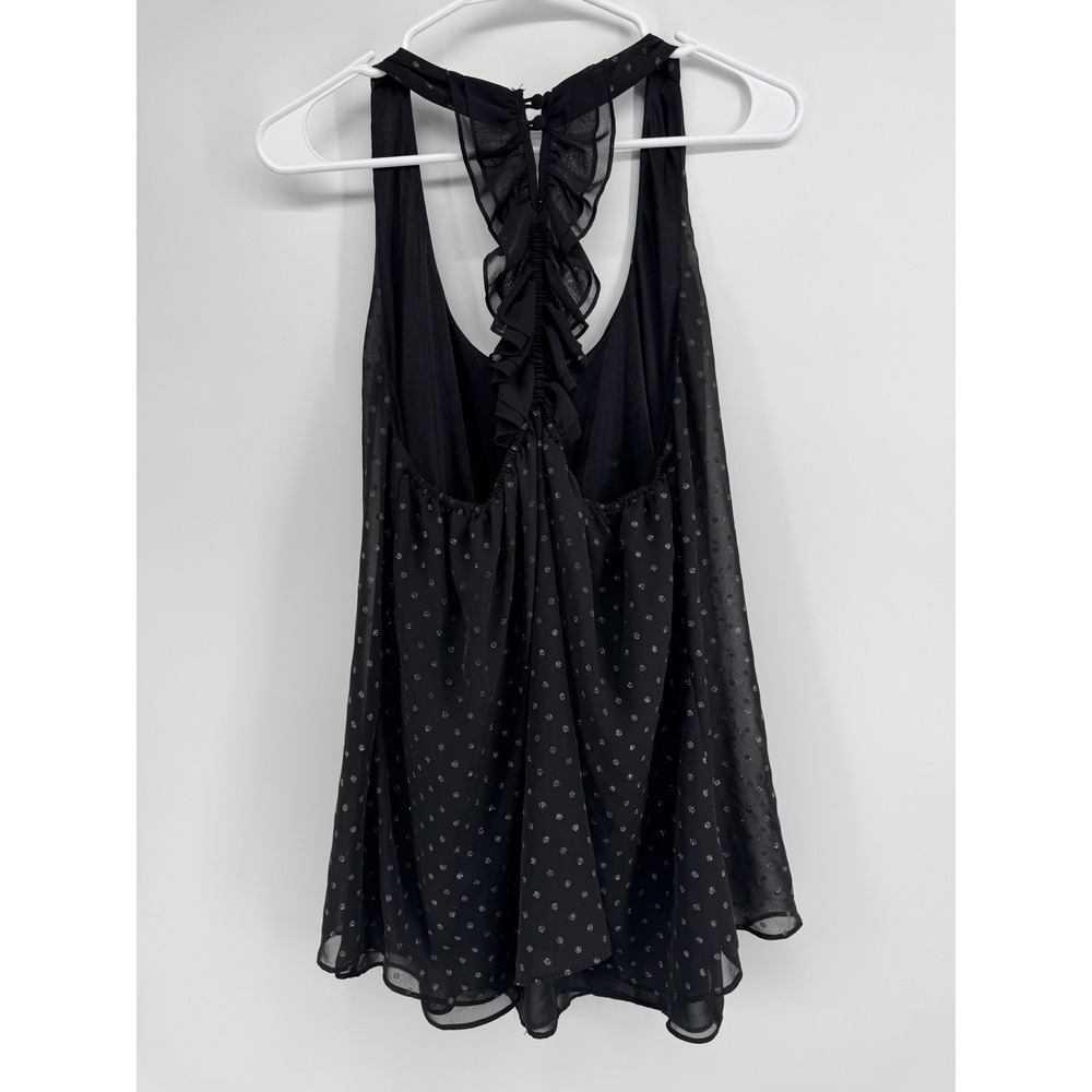 Bisou Bisou Tank Top Womens Large Black Polka Dot Ruffle Back Sheer Chiffon - Picture 2 of 5